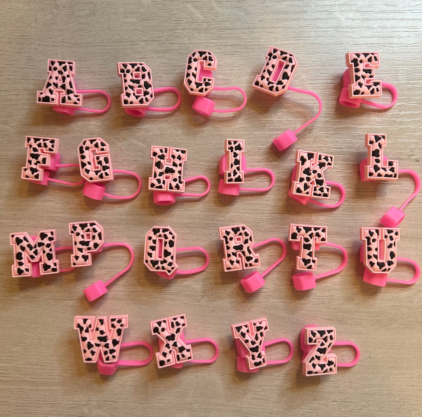 Pink Cow Print Alphabet Straw Toppers