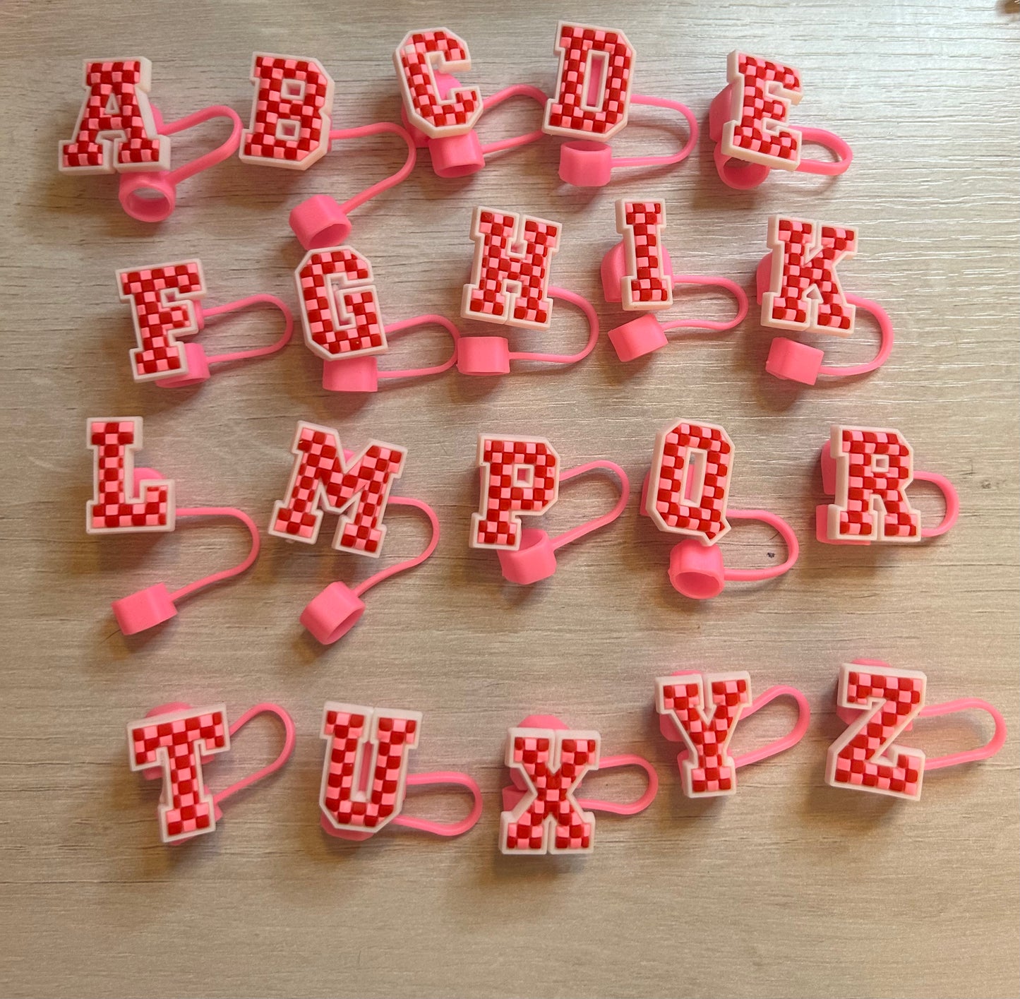 Red & Pink Checker Alphabet Straw Toppers