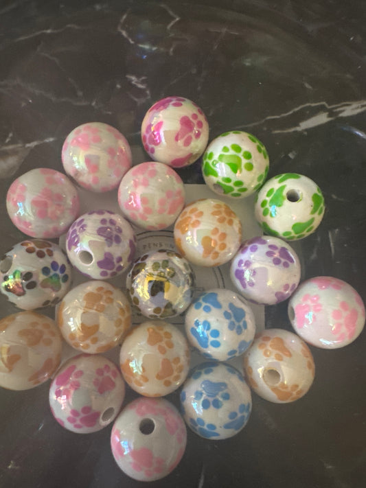 16mm Color Paw Print Acrylic Bead - Mixed Bag (5)