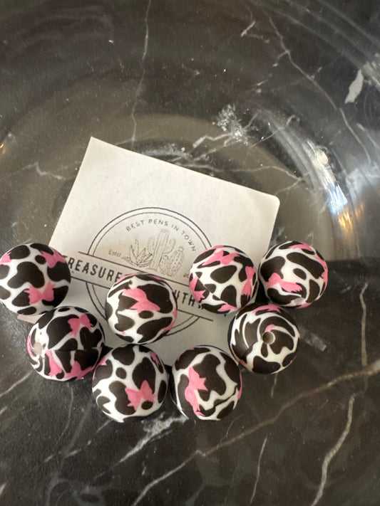 15mm Cow print with Bows Silicone Bead