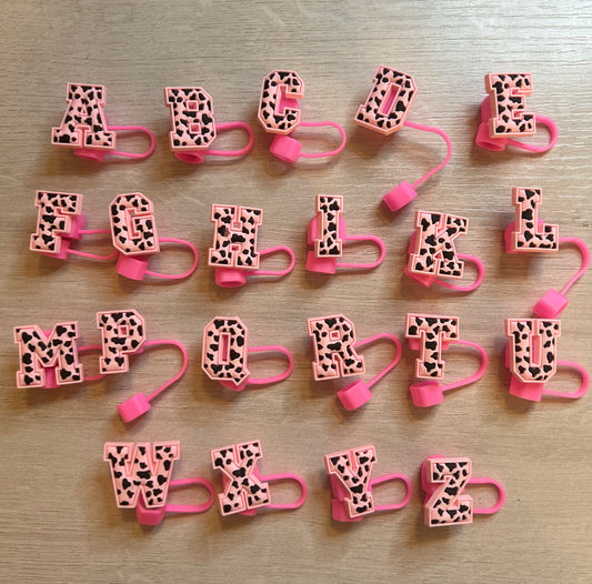 Pink Cow Print Alphabet Straw Toppers